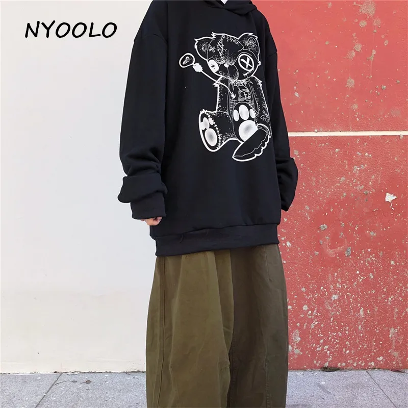 NYOOLO Harajuku дизайн мультфильм боль медведь печати Свободные толстовки осень уличная одежда с длинным рукавом пуловеры толстовка с капюшоном для женщин мужчин