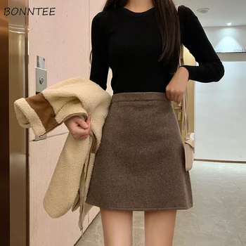 

Skirts Women Solid Woolen Blends Elegant Mini Skirt Womens All-match High-waist Korean Style Casual New Chic Harajuku Females