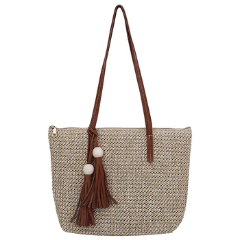 

Straw Handbags Women Handwoven Round Corn Straw Bags Natural Chic Hand Large Summer Beach Tote Woven Handle Shoulder Bag Khaki