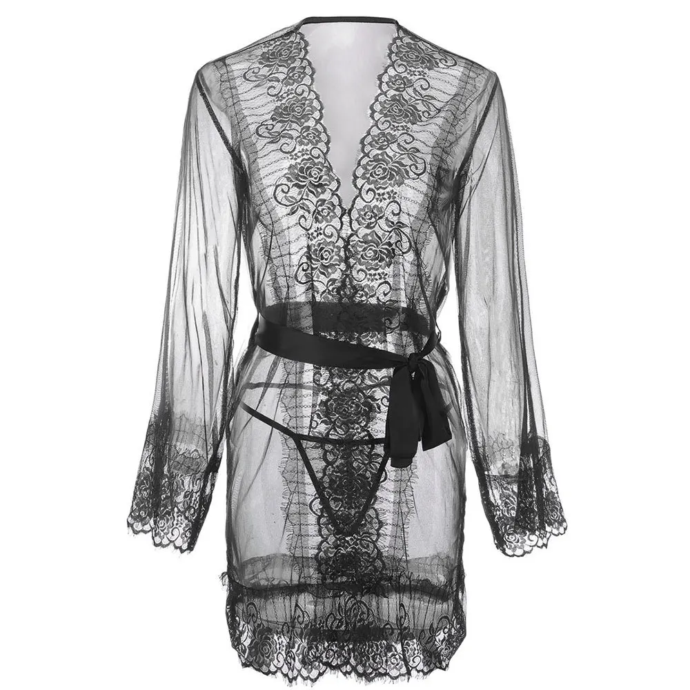 

Short Sleeve Lace Gauze Quality Women's Robes with T-back Set Bow Bandage Cloth Sexy And Charming Transparent Bathrobe