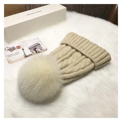 Натуральный мех помпон для девочек, Вязаная Мягкая теплая шапка Skullies Beanies, зимняя женская шапка с помпонами, женская шапка