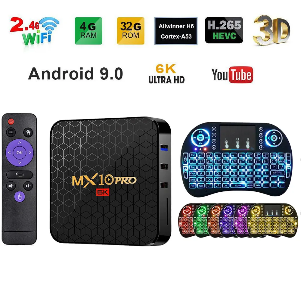 ТВ-приставка Tanix MX10 PRO Android 9,0 4 Гб ОЗУ 64 Гб Wifi Allwinner H6 четырехъядерный USB 3,0 6K Google плеер Youtube телеприставка - Цвет: 4G 64G 7 Color key