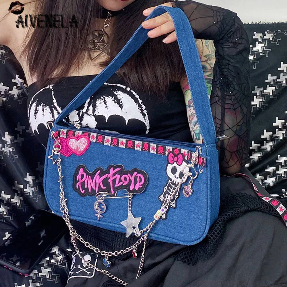 Harajuku Rock Skull Chain Punk Bag Y2K Girls Streetwear Gothic Jeans  One-Shoulder Bags AFC1302