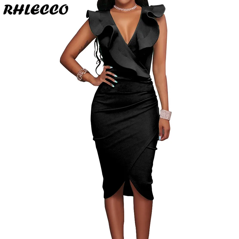 

2019 Summer Women Dress Ruffles V Neck Sexy Bodycon Dress Ladies Office Casual Elegant Evening Party midi dress Yellow Black