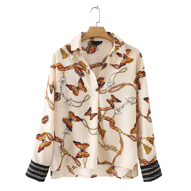 

Shirt for Women Long Sleeve Pleated Shirts Chic Chains Butterfly Print Full Women Blouses Elegant Casual Chic Blusas Mujer Moda