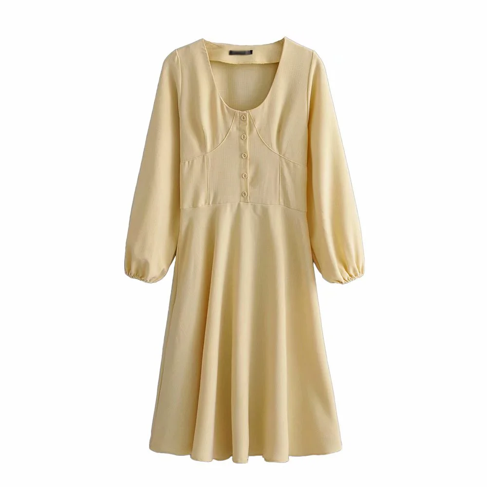 

Vintage women french party puff midi dress fashion elegant ladies V neck long sleeve loose sexy dresses female Feminine Vestidos