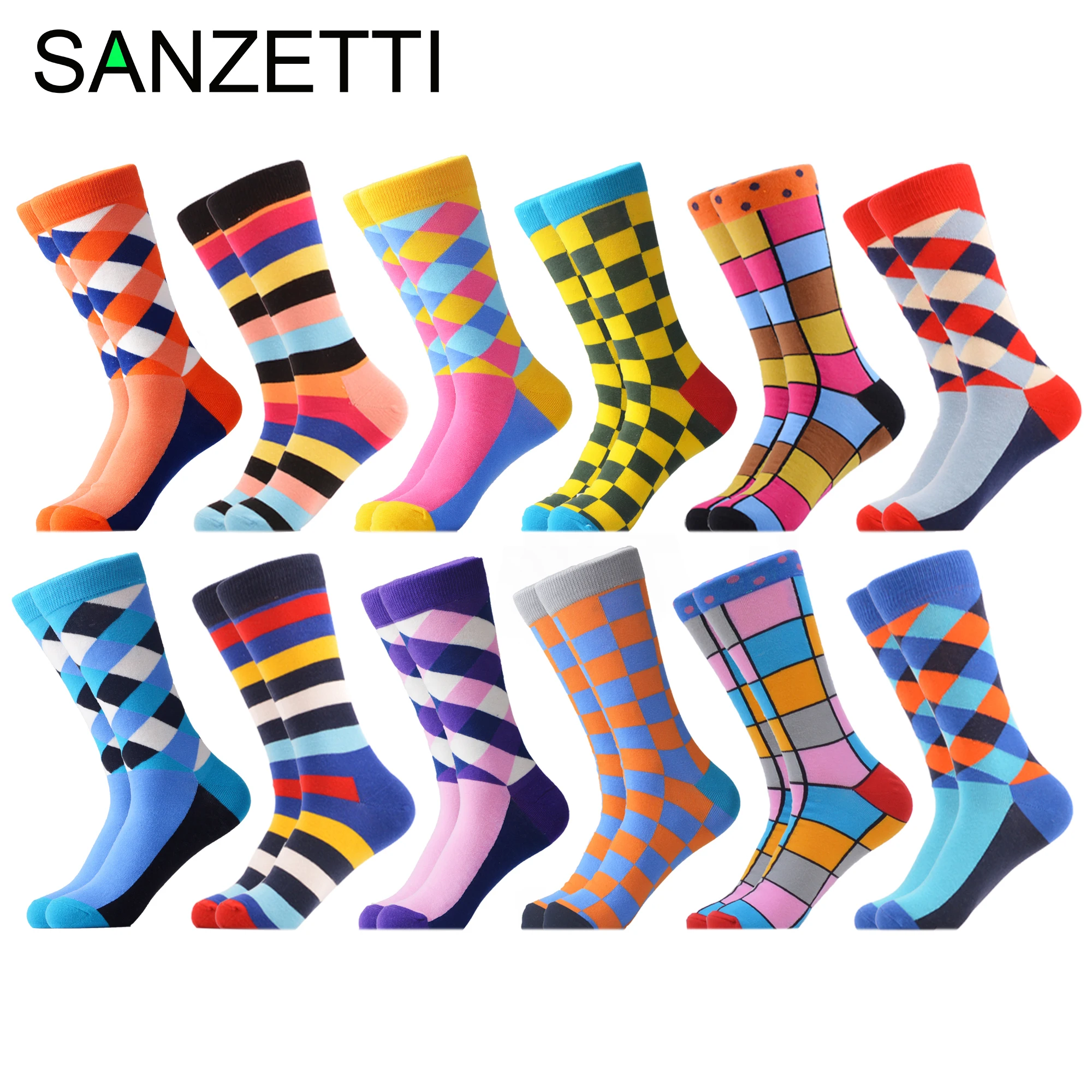Best SANZETTI 12 Pairs Lot Men Casual Combed Cotton Happy Crew Socks Harajuku Skate Boat Socks Novelty Gifts Creative Dress Socks