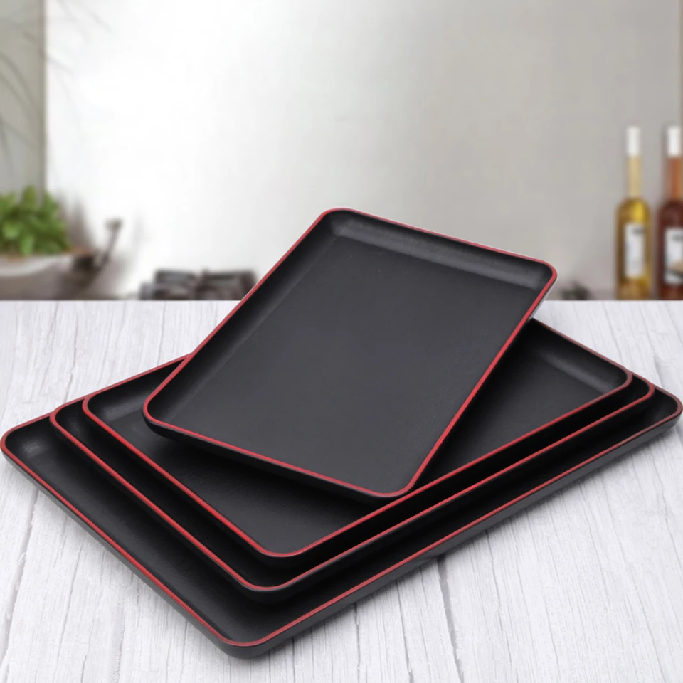 Japanese Tray Sushi Plate Melamine Imitation Porcelain Dinner Plate Rectangular Black Red Edge Hotel Guest Room Storage Tray 2
