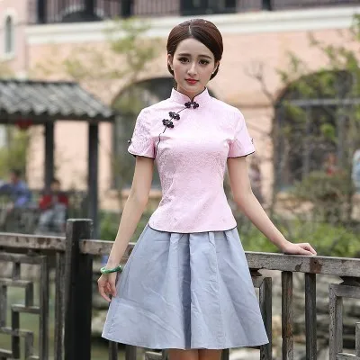 Sheng Coco Black China Blouse Women Traditional Chinese Shirt Clothing Chinese Jacquard Cotton Cheongsam Shirt Flower Buckle Top - Цвет: pink  Cheongsam tops