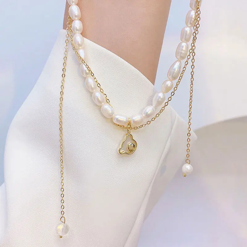

JUWANG Double Layer Long Water Droplets Necklaces Natural Pearl Shell Exquisite Necklace 2021 Trendy For Women Anniversary Gift