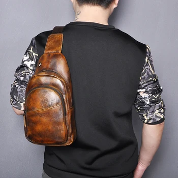 

Genuine Leather Men Casual Fashion Travel Triangle Chest Sling Bag Design 8" Tablet Water Shoulder Strap Bag Daypack Male 008