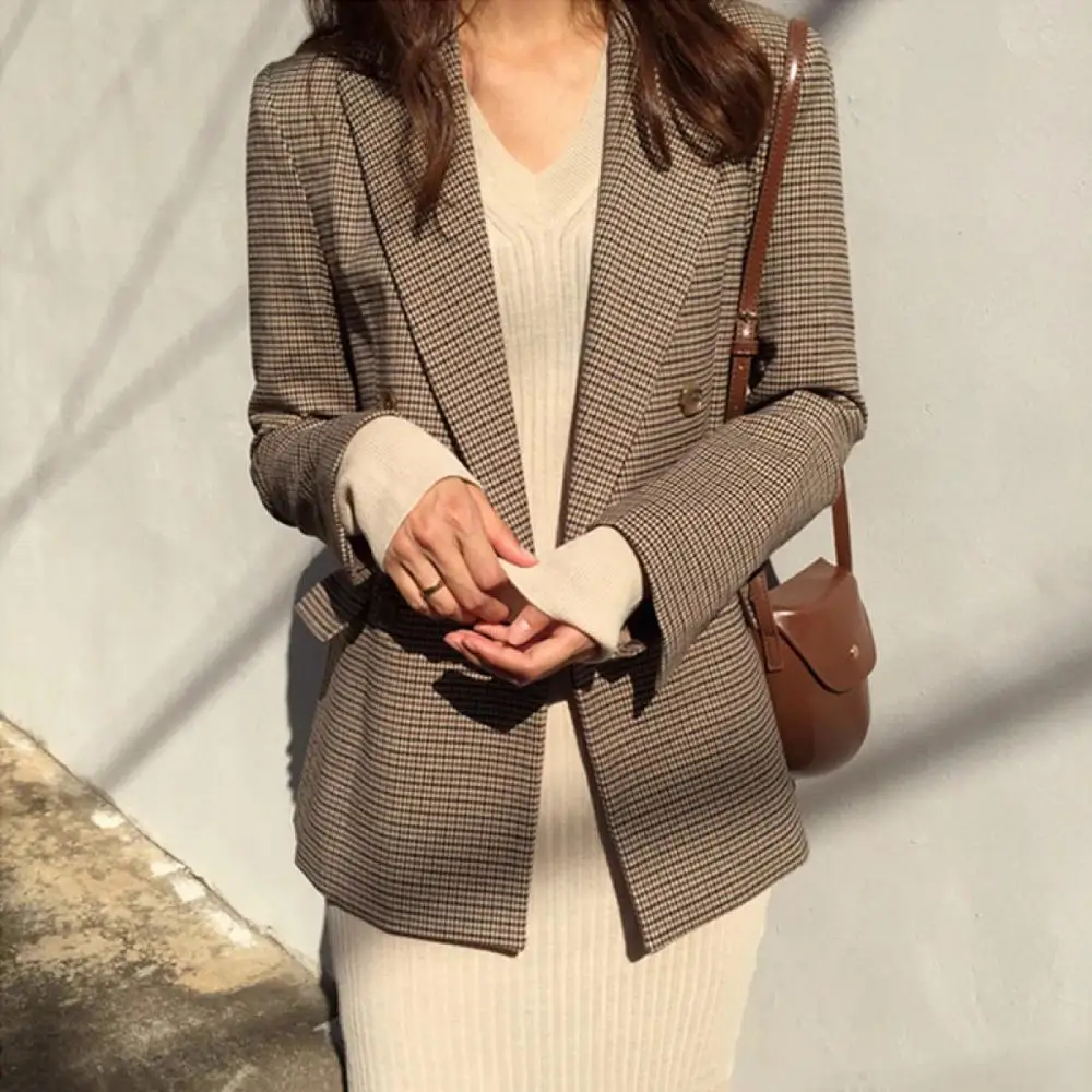 Vintage Double Breasted Office Ladies Plaid Blazer Long Sleeve Suit Coat Jacket Women Blazers Female