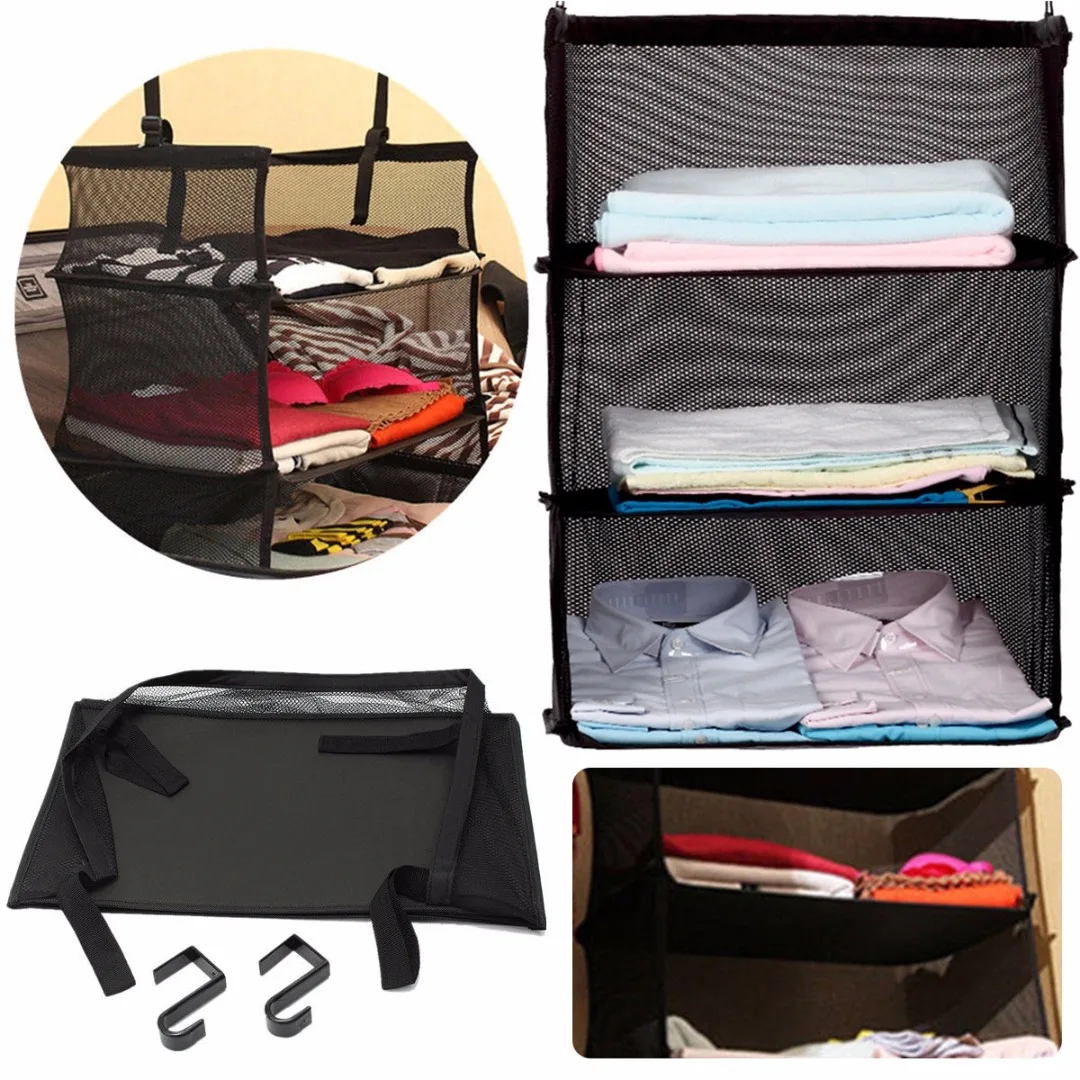 JX-LCLYL 3 Tier Collapsible Hanging Organizer Closet Luggage Clothes Bag Shelf Storage