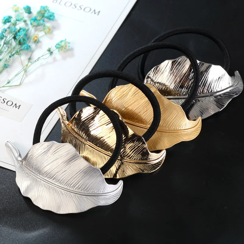

Fashion Metal Leaf Hair Rope Headdress Ponytail Holder Girls Scrunchies Vintage Elastic Hair Bands For Women Hair Accessories