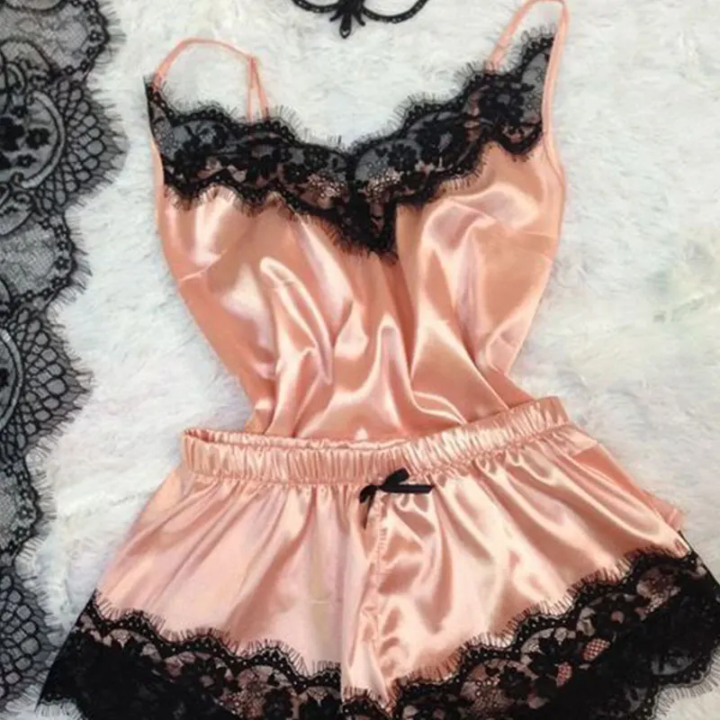 Women's Sleepwear Silk Sexy Satin Pajama Set Black Lace V-Neck Pyjamas Sleeveless Cute Cami Top and Shorts Lace Pajamas Set