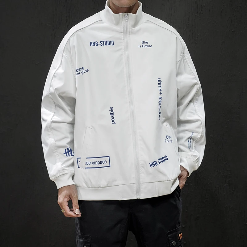 

2019 Spring And Autumn Men's New Casual Pattern Letter Printing Stand Collar Jacket Zipper Loose Temperament Trend Cotton