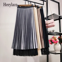 Плиссированная Женская юбка с высокой талией, юбка до середины бедра, кружевная длинная юбка