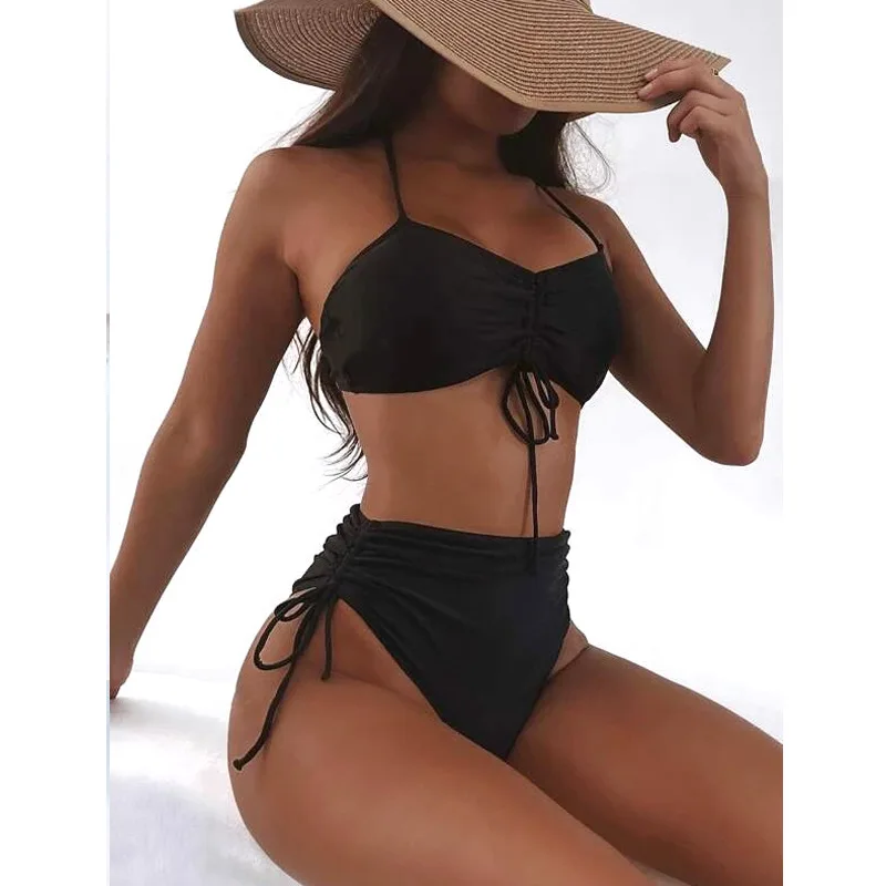 bikini sets for women Black High Waist Sexy Bikinis Push Up Women Swimsuits Swimwear  Drawstring Biquini Set Women Solid Ruched Beachwear 2022 Summer gold bikini set