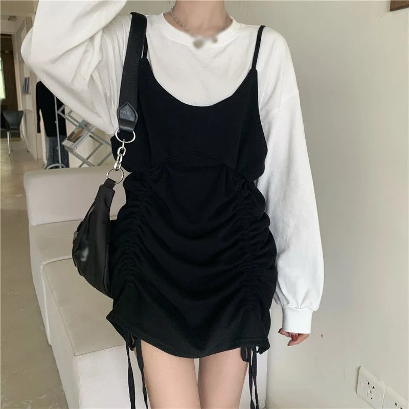 

Fake Two-piece Sling Stitching Dresses Women Korean Fashion Drawstring Pleated Dress Sprong Autumn Long Sleeve Dress