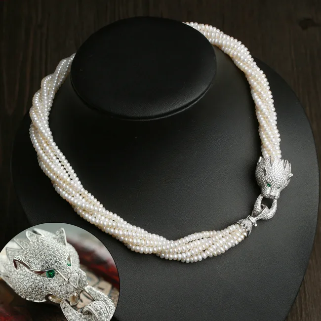 

Fine jewelry cubic zircon leopard head 4-5mm freshwater pearls multilayer choker necklaces