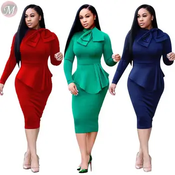 

2020 New Fashion Commuter Turtleneck Long Sleeve Bow Ruffled Elegant Office Ms. Thin Dress Boutique