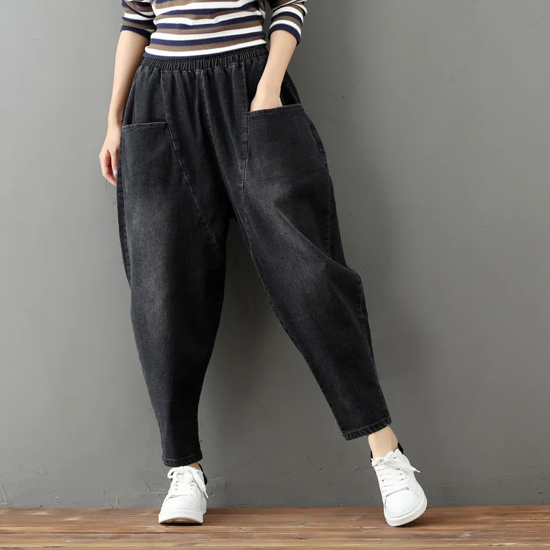Mzz5008 платье большого размера Ретро выцветшие вареные черные джинсы повседневные свободные шаровары мешковатые штаны