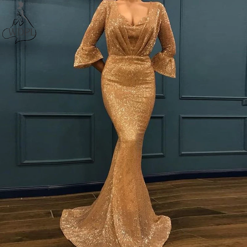 

Sparkly Gold Sequins Mermaid Prom Dresses V Neck 3/4 Long Sleeves Evening Dress Vintage Pageant Party Gowns robe de soiree