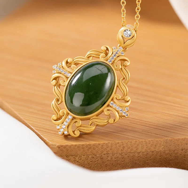 

Yiluyin S925 pure silver gold-plated Hetian jade pendant antique high quality women's sweater chain silver set chain