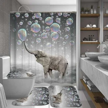 

1/3/4Pcs 3D Printing Bubbles Elephant Waterproof Bathroom Shower Curtain Toilet Cover Mat Non-Slip Floor Mat Rug Set