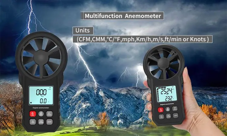 Digital Anemometer LCD Electronic Air Volume Wind Velocity Speed Temperature Value Meter Wind Cold Indicator LED Light Data Hold