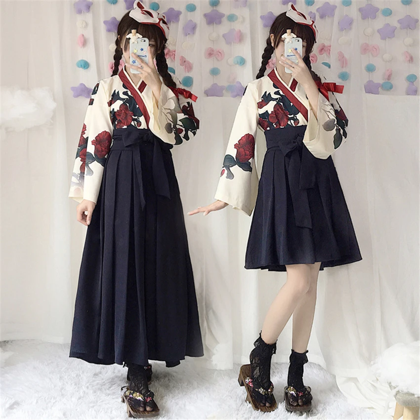Japanese Style Retro Floral Kimono Long Sleeve Cosplay Costume For Girls Corn Poppy Flower Skirt Female Adult Dress |