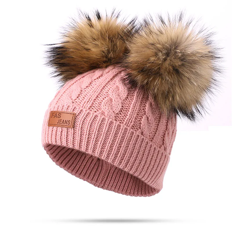 Шапка, шарф, комплект с помпоном из натурального меха, зимние детские одноцветные вязаные теплые шапочки, уличная шляпа, шапки, шарф-кольцо, комплект из 2 предметов - Цвет: W