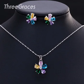 

ThreeGraces 2020 Summer Multicolored Zirconia Stones Flower Necklace Earrings Set Fashion Ladies Jewelry Accessories JS159