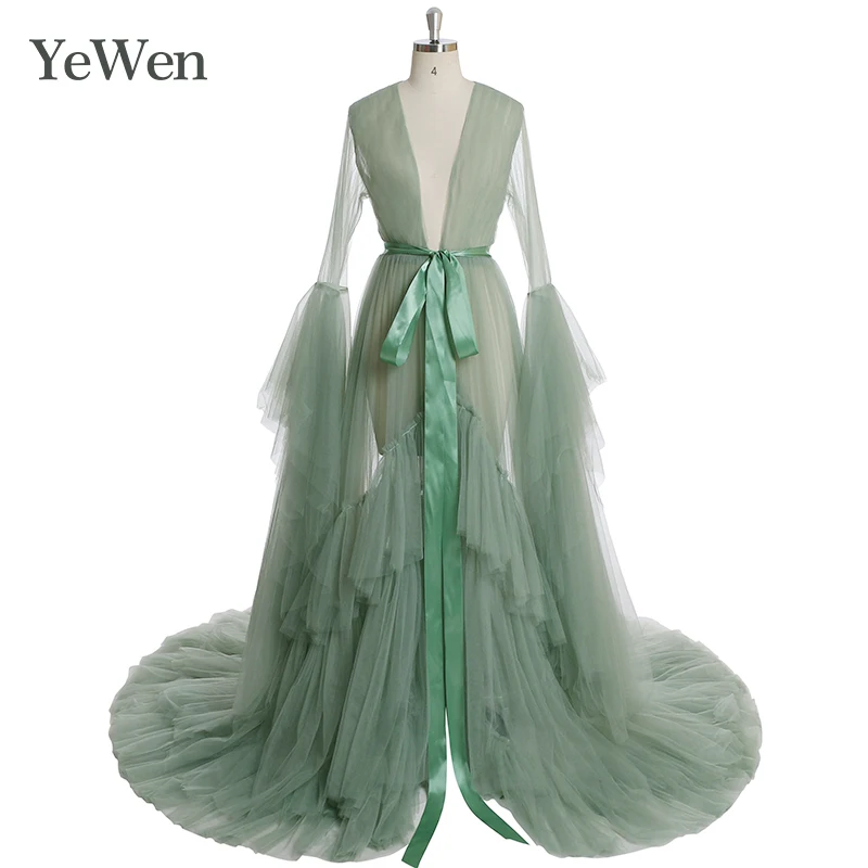 Зеленое, с длинным рукавом вечернее платье вечерние платья Robe De Soiree Формальные Выпускные платья пояс Топ вечерние платья YeWen фотография платье - Цвет: Зеленый