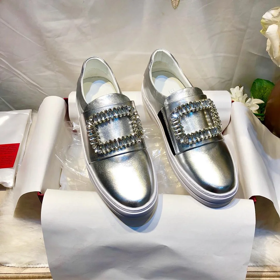 

BELLECOM Autumn 2019 New Square Button Drill Leather Flat-soled Lefu Shoes Lazy Women Pushing on Single Shoes