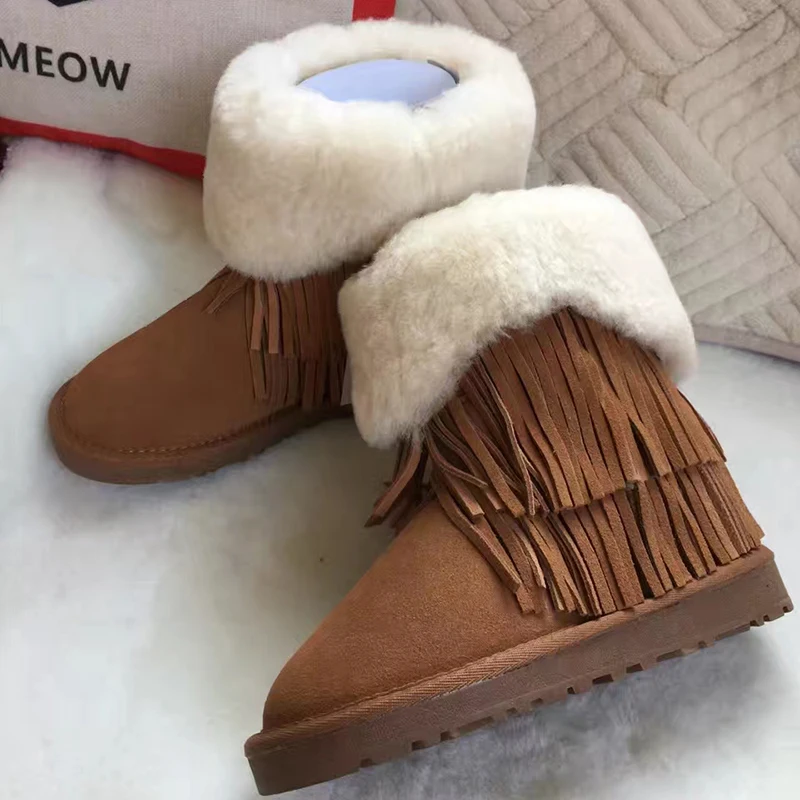 Chestnut Теплые зимние ботинки в австралийском стиле; женские зимние ботинки; нескользящая женская обувь из натуральной кожи с бахромой; женские ботинки; - Цвет: Chestnut