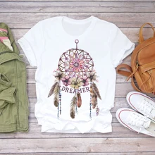 Women T Shirt Dream Feather Print Summer Short Sleeve Fashion Lady T-Shirts Top Graphic Female T-Shirt Plue Size Funy Woman Tee