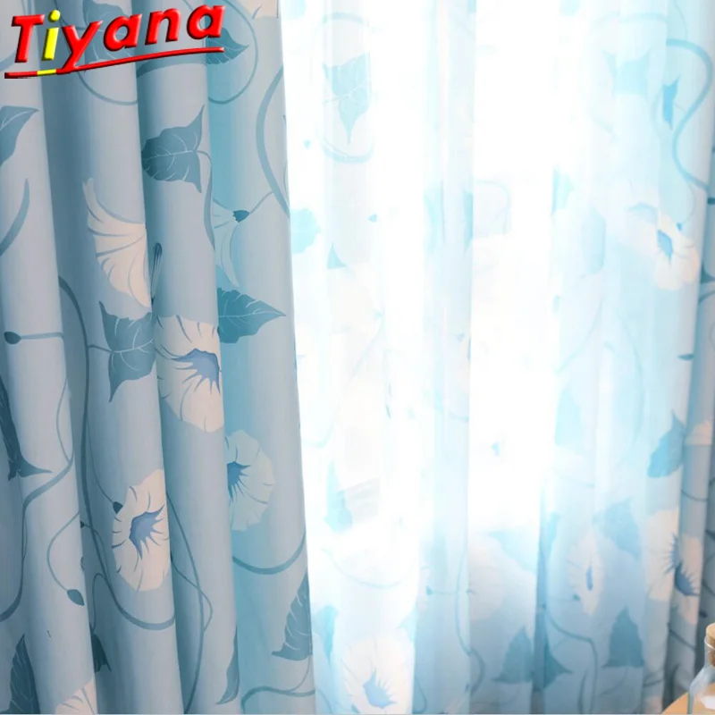 

Blue Morning Glory Print Semi Blackout Window Curtains for Living Room Kid's Room Kitchen Blue Flower Green Sheer Tulle 30