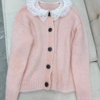 

Korean Style Knitted Sweater Cardigans Women Long Sleeve Single Breaster Female Cardigan Pink Sweaters Sueter Mujer