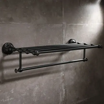 Towel rack Набор аксессуаров для ванной, латунный стеллаж для полотенец, угловая полка, держатель для бумаги, держатель для туалетной щетки, крючок для халата, гвоздь, черный, масло, матовый, резной - Цвет: Towel rack