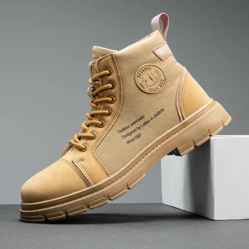 

Men Western Canvas High Top Platform Ankle Boots Rubber Sole Anti Skip Sneakers Male Autumn Desert Military Outdoor Hike Botas