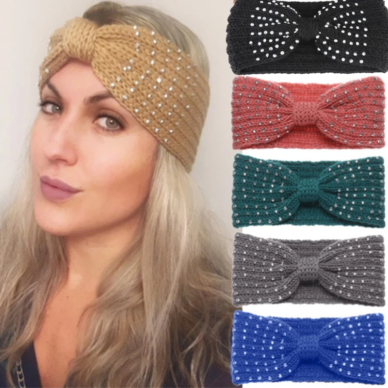 2021 New Winter Warmer Ear Knitted Headband Bow Rhinestone Headwear For Women Girls European Solid Turban Hair Band Head Warp |
