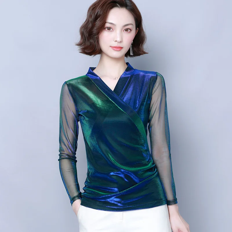Прозрачный Топ, Женская Сексуальная рубашка, blusas mujer de moda,, длинный рукав, v-образный вырез, блузка для женщин, 3XL, 4XL размера плюс, женские топы C224 - Цвет: Blue Green