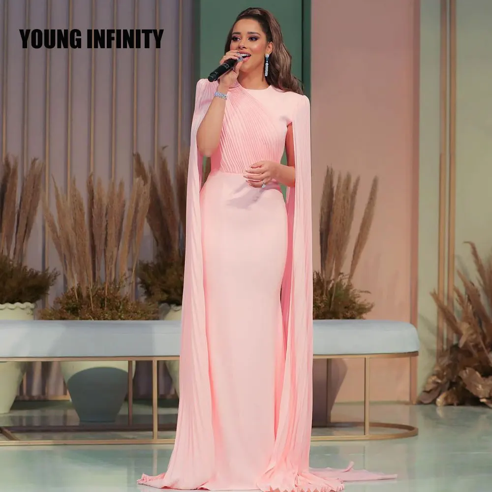 In Fashion Mermaid Prom Dress 2022 O Neck Long Sleeves Cape Pleats Pink