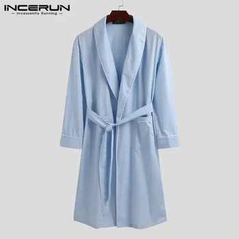 

Men Sleep Robe Homewear Solid Color Long Sleeve Cozy Bathrobes Lapel Fashion Nightgown Leisure Men Kimono Dressing Gown INCERUN