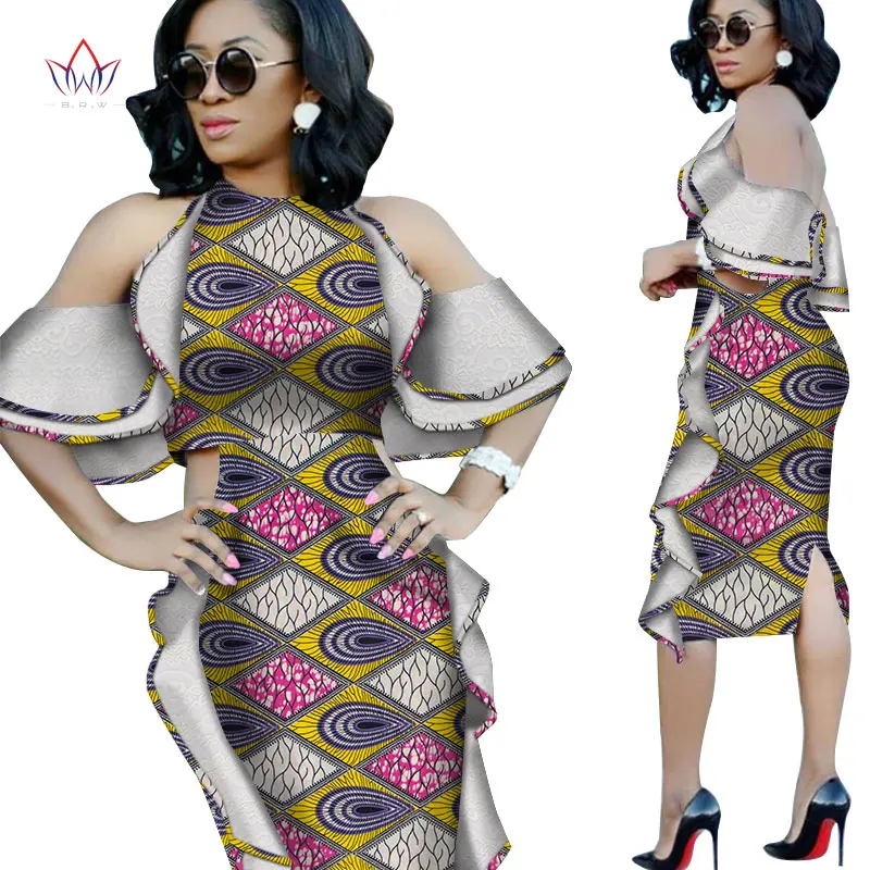 Новая мода Дашики африканские платья для женщин Базен Riche Анкара принт с открытыми плечами кружевные платья Женская африканская одежда WY4976 - Цвет: 8