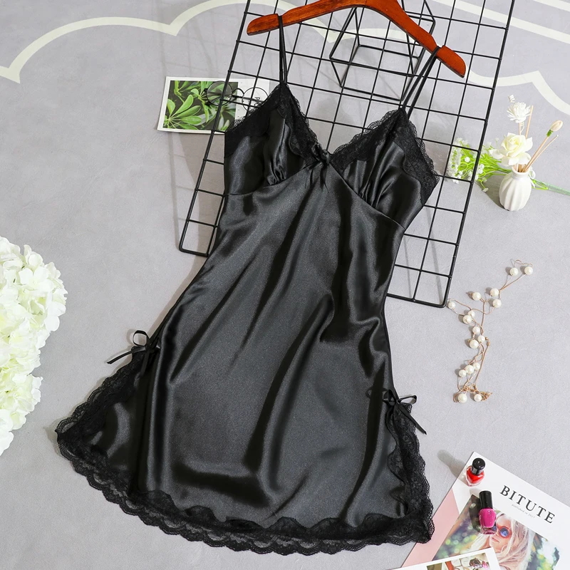 Women Nightgowns Satin Nightdress Sexy Sleepwear Lace Summer Nightdress