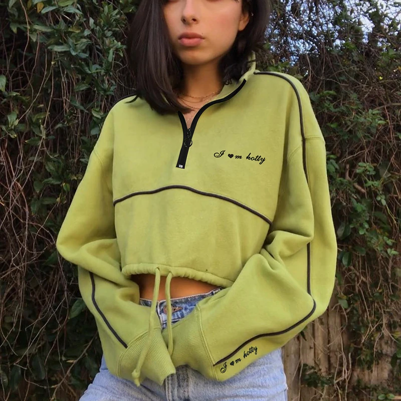 

2019 Autumn Stand Collar Letter Zipper Print Long Sleeve Short Drawstring Retro Thin Section Green Sweatshirts Women HT6904W07