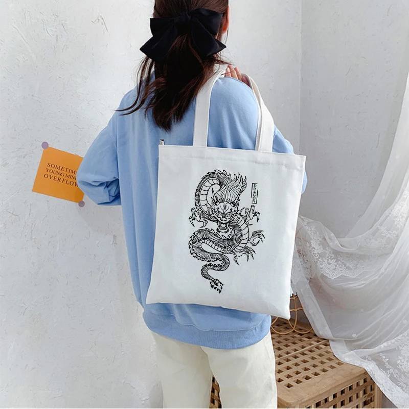 Dragon Printing Canvas Bag Shopper Bag Harajuku Large Capacity Punk Gothic Style Women Bags Classic Vintage Shoulder Bag Handbag