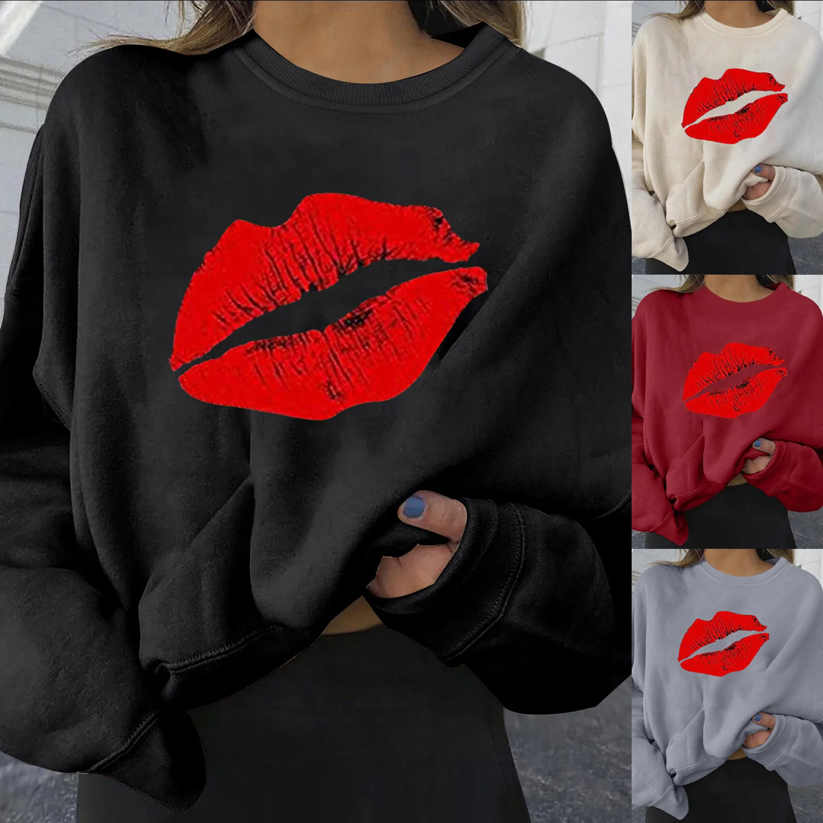 Suéteres de talla grande para mujer, suéteres de manga larga con estampado de labios de bloque de Color, cuello con tirantes, Top de otoño y primavera, 4 #